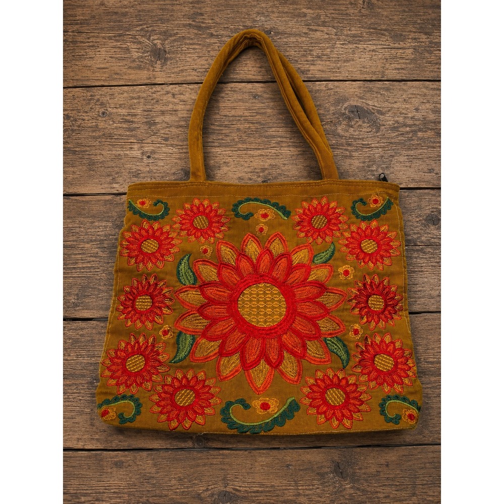Corduroy Sunflower Embroidered Tote Bag Boho Hippie Autumn Fall Retro Eclectic